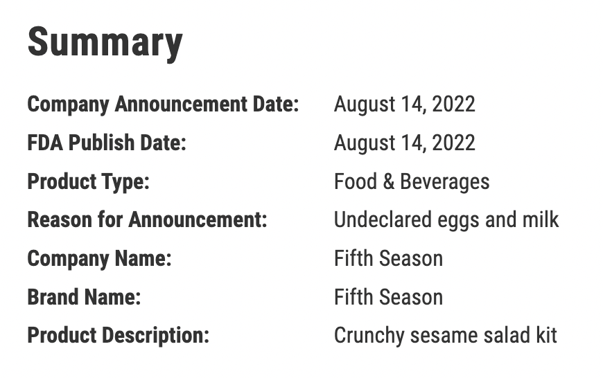 RECALL Fifth Season Crunchy Sesame Salad Kit SoCal Television