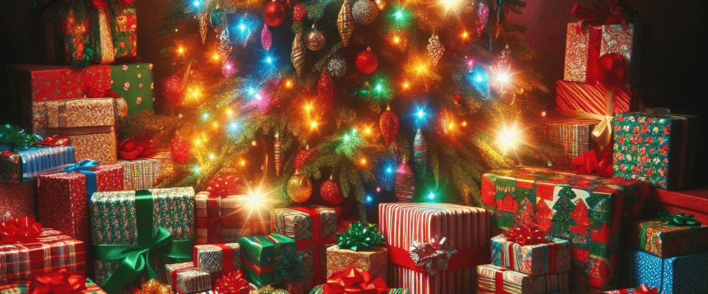 Christmas presents piled up under the Christmas tree