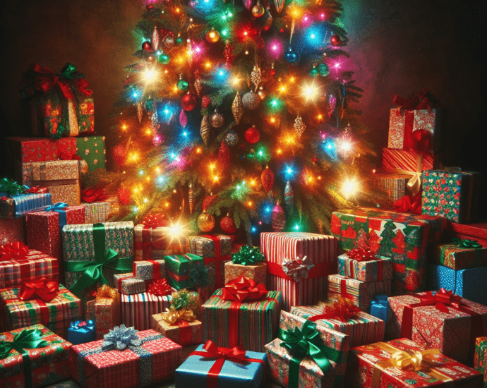 Christmas presents piled up under the Christmas tree